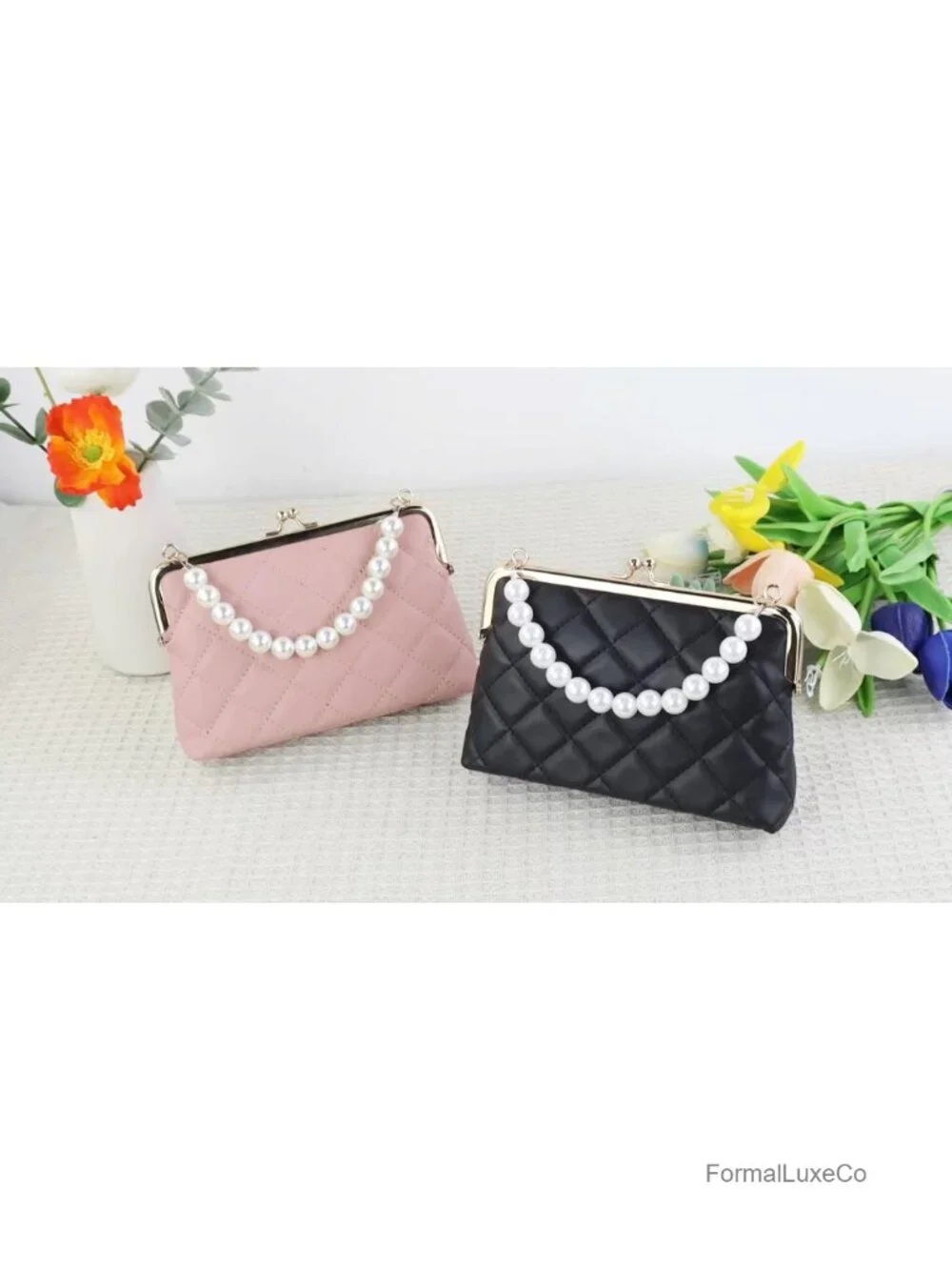 Quilted Faux Leather Crossbody Bag with Pearl Handle, Detachable Chain Strap,